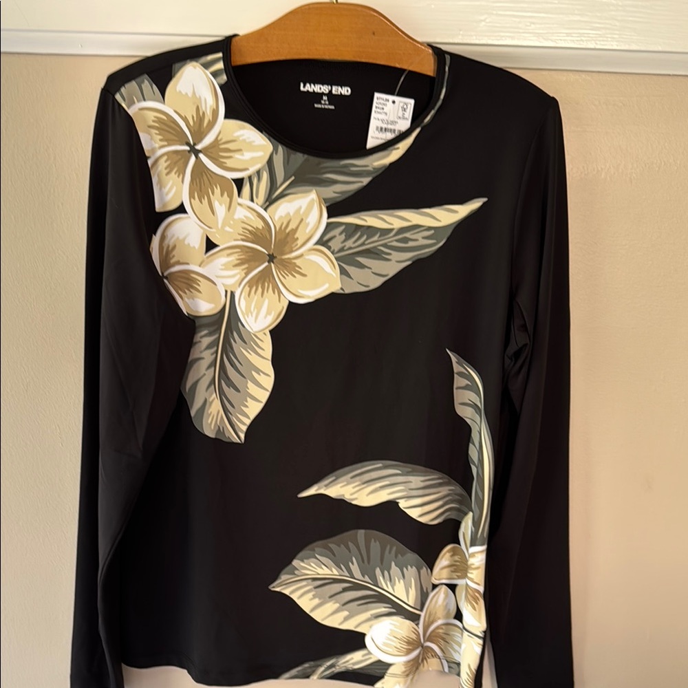 NEW LANDS’ END Black Floral Women's Long Sleeves Top - Picture 1 of 8